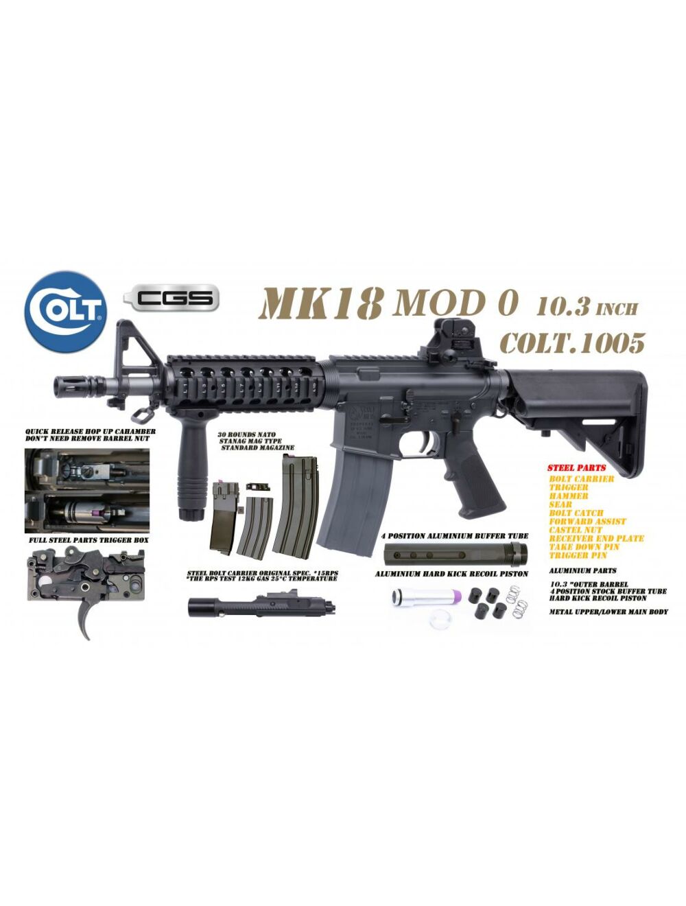 Colt x EMG MK18 MOD0 10.3 Gas Blowback Rifle by Cyma CGS (Black